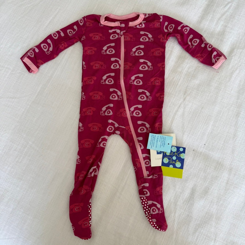 KicKee‎ Pants Baby Footie Pajamas Berry Pink Vintage Rotary Phone Print 3-6 M